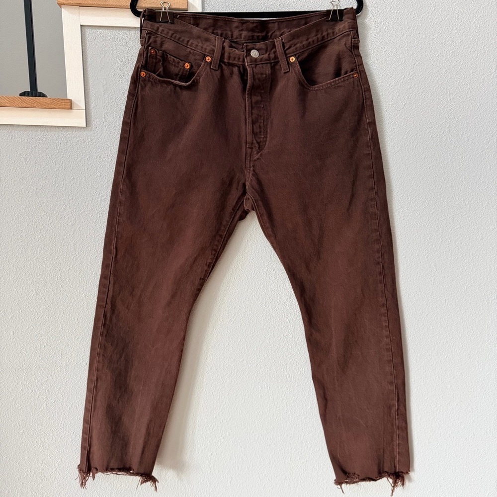 Brown Levi's 501  Jeans, Distressed/Frayed Hem Straight-Leg Button Fly